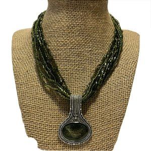 Green Micro Glass Bead Antiqued Silver necklace